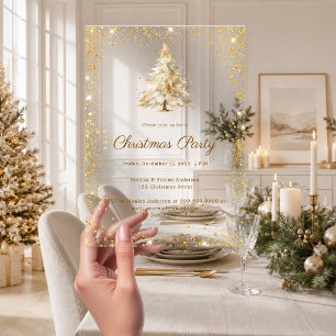 Christmas Gold Glitter Tree Holiday Party Acrylic Invitations