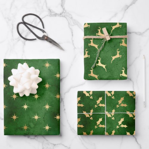 Christmas Gold Green Graphic Glam Wrapping Paper Sheets