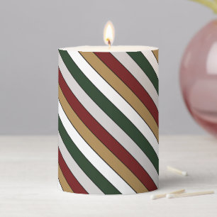 Christmas Gold Green Red Silver And White Stripes Pillar Candle