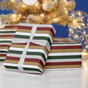 Christmas Gold Green Red Silver And White Stripes Wrapping Paper