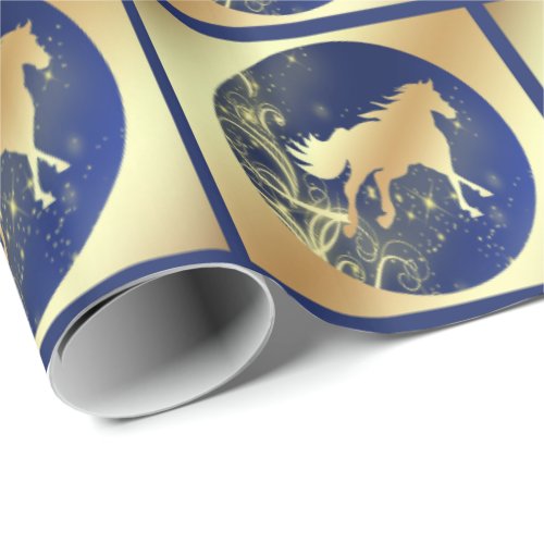 Christmas Gold Horse On Blue In Gold Squares LG Wrapping Paper