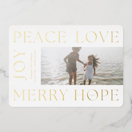 Christmas Gold Letters MERRY JOY PEACE LOVE photo Foil Holiday Card