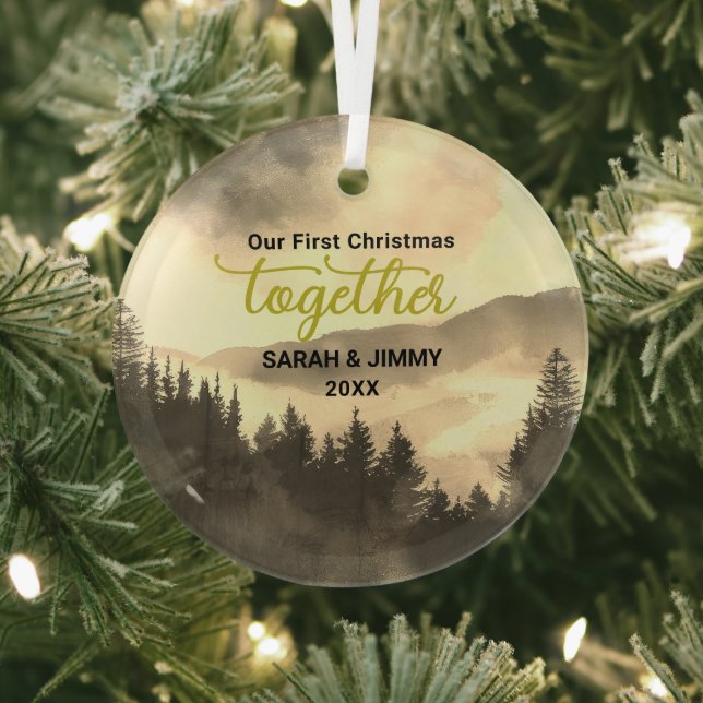 Christmas Gold Mountain Adventure Outdoor Couple Glass Ornament (Insitu)