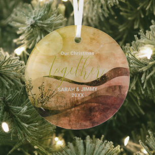 Christmas Gold Mountain Adventure Outdoor Couple Glass Ornament
