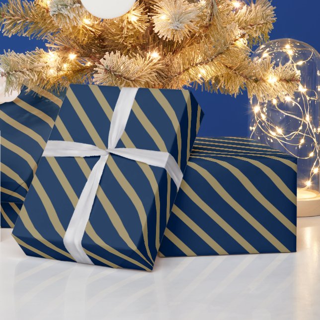 Christmas gold navy blue oblique Stripes pattern  Wrapping Paper (Holidays)