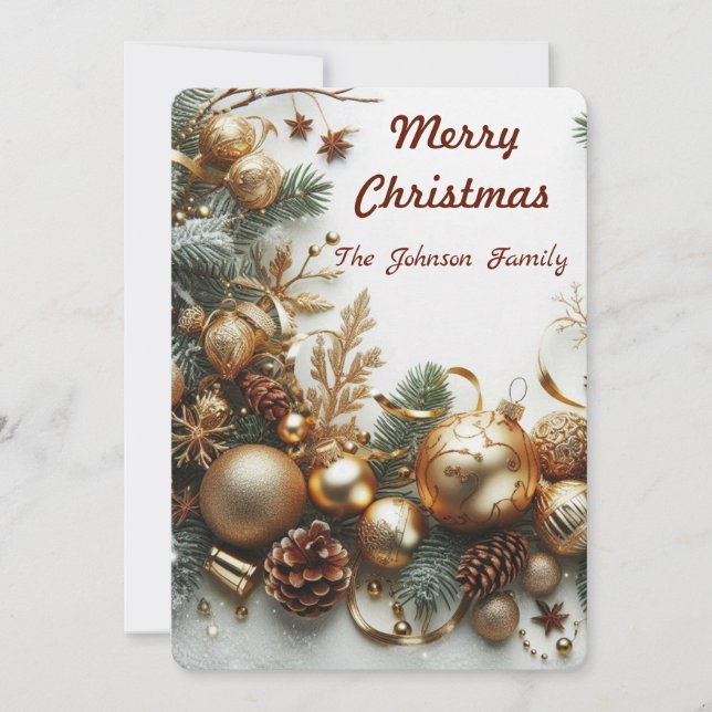 Christmas gold ornaments and branches holiday card (Front)