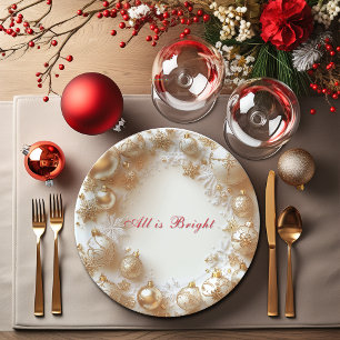 Christmas Gold Ornaments,Snowflakes All is Bright Paper Plates