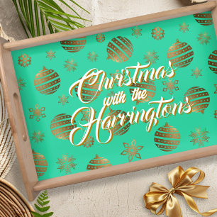 Christmas Gold Pattern Family Name Serving Tray