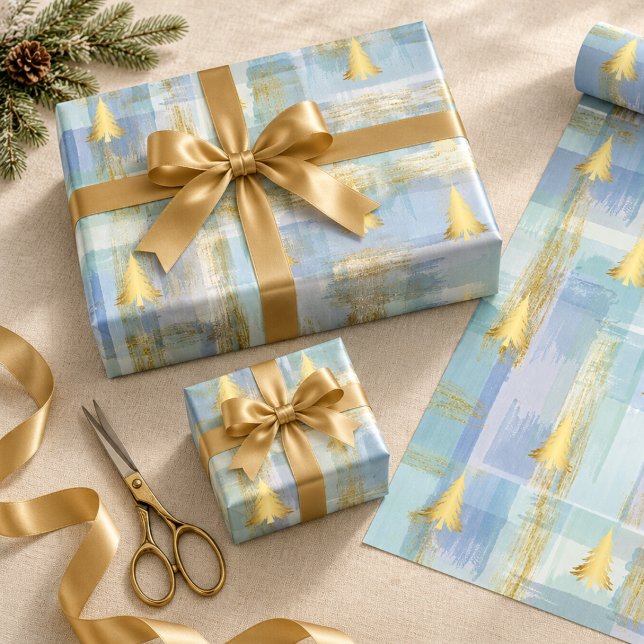 Christmas Gold Pine Trees & Paste Plaid  Wrapping Paper (Creator Uploaded)