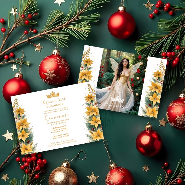 Christmas Gold Poinsettias Inspirations Floral Invitation (Christmas Faux Golden Poinsettias Inspirations Chic Floral Spanish Photo Mis XV Invitations Cards.)