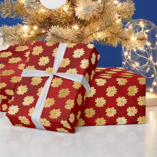 Christmas Gold Poinsettias on Red Wrapping Paper (Holidays)