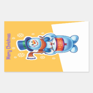 Christmas gold rectangle sticker Snowman drummer.