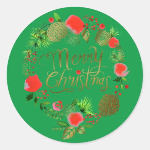 Christmas Gold Red Digital Wreath Round Sticker