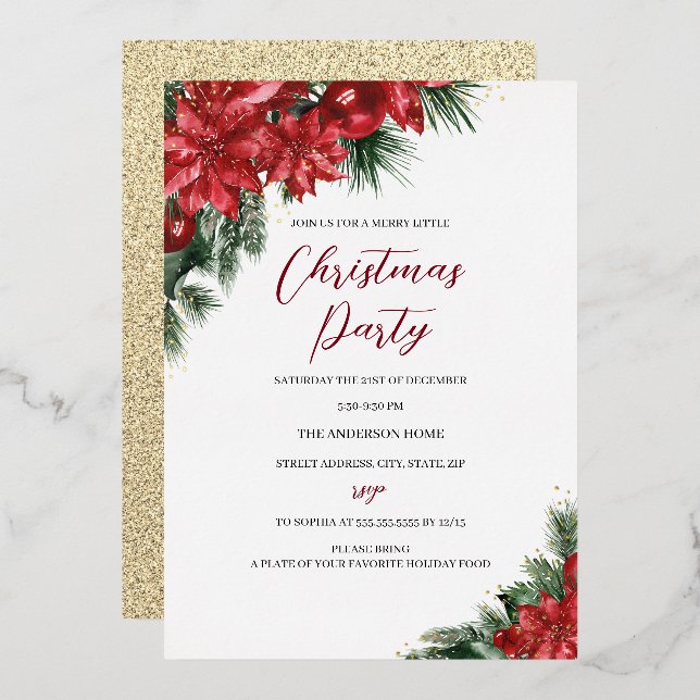 Christmas Gold Red Festive Foliage Party Foil Invitation (Front/Back)