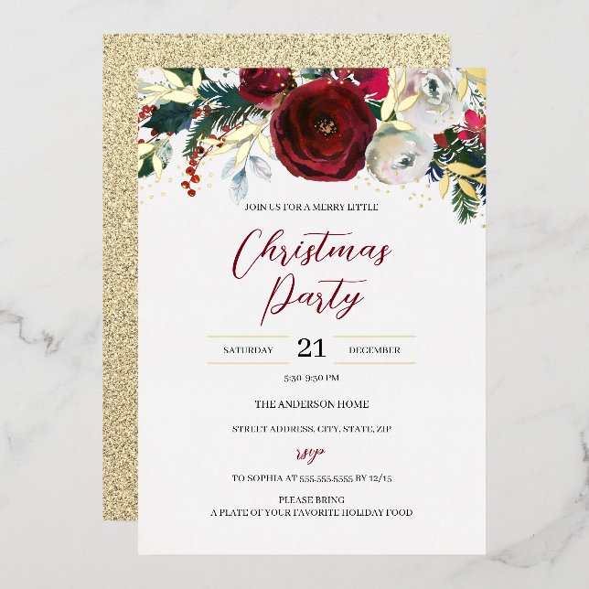 Christmas Gold Red Festive Foliage Party  Foil Invitation (Front/Back)