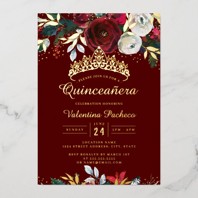 Christmas Gold Red Festive Foliage Quinceanera  Foil Invitation (Front)