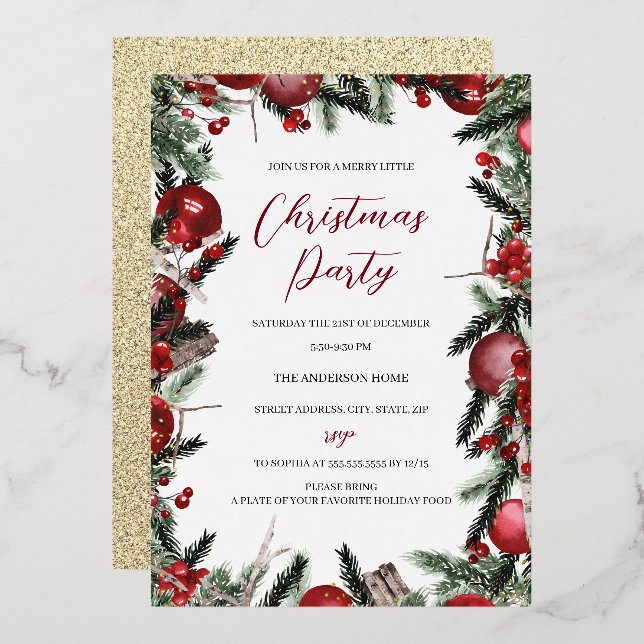 Christmas Gold Red Festive Foliage Wreath Party  Foil Invitation (Front/Back)