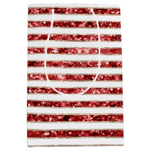 Christmas Gold Red White Glitter Stripes Medium Gift Bag