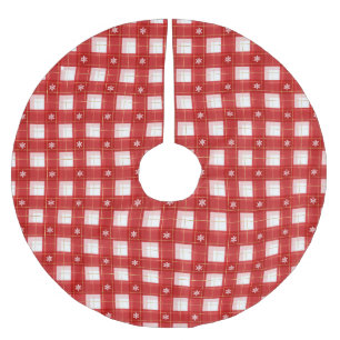 Christmas gold red white snowflakes gingham plaid brushed polyester tree skirt