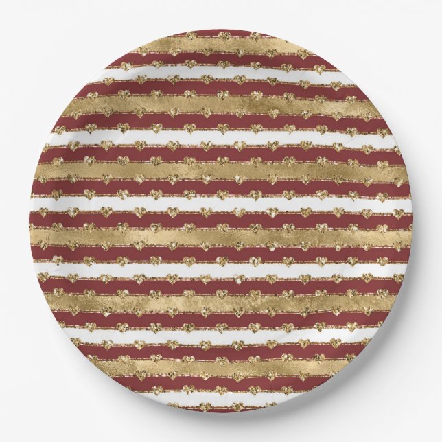 Christmas Gold Red White Stripes Glitter Hearts Paper Plates (Front)