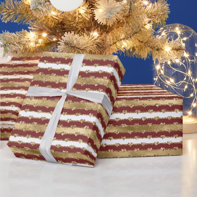 Christmas Gold Red White Stripes Glitter Hearts Wrapping Paper (Holidays)