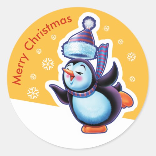 Christmas gold round sticker Penguin skating