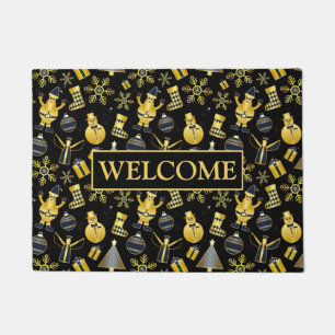 Christmas Gold Santa Snowman Stocking Gift Pattern Doormat