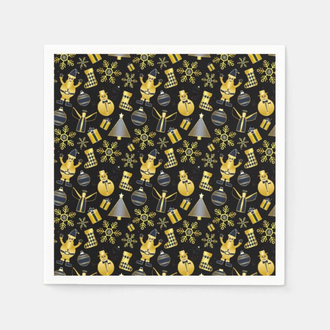 Christmas Gold Santa Snowman Stocking Gift Pattern Napkins (Front)