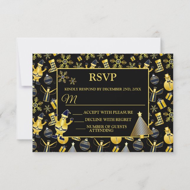 Christmas Gold Santa Snowman Stocking Gift Pattern RSVP Card (Front)