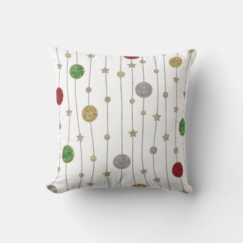 Christmas Gold Silver Red Green Glittery Stars Throw Pillow