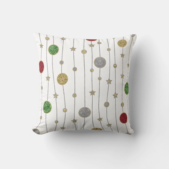 Christmas Gold Silver Red Green Glittery Stars Throw Pillow (Front)