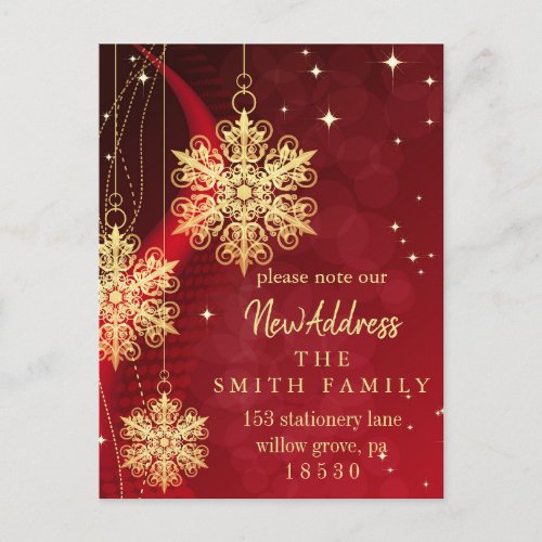 Christmas Gold Snowflake Change of Address Announcement Postcard