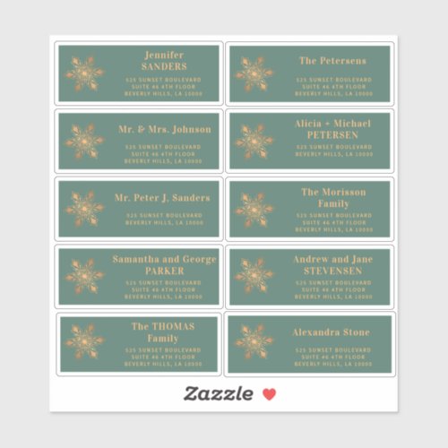 Christmas gold snowflake green address labels