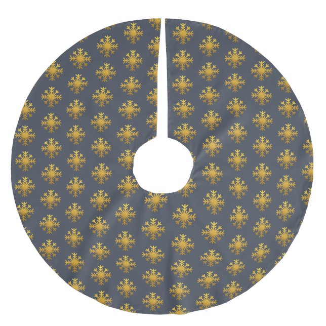 Christmas Gold Snowflake Pattern Dark Blue Brushed Polyester Tree Skirt (Front)