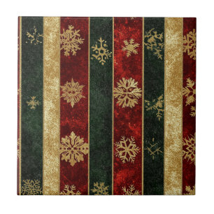 Christmas Gold Snowflake Red Green Stripes Ceramic Tile