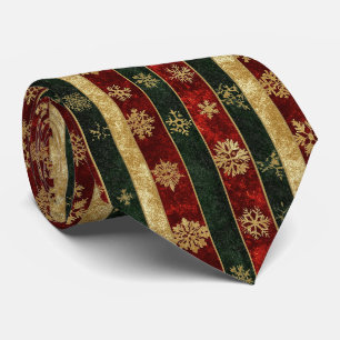 Christmas Gold Snowflake Red Green Stripes Neck Tie