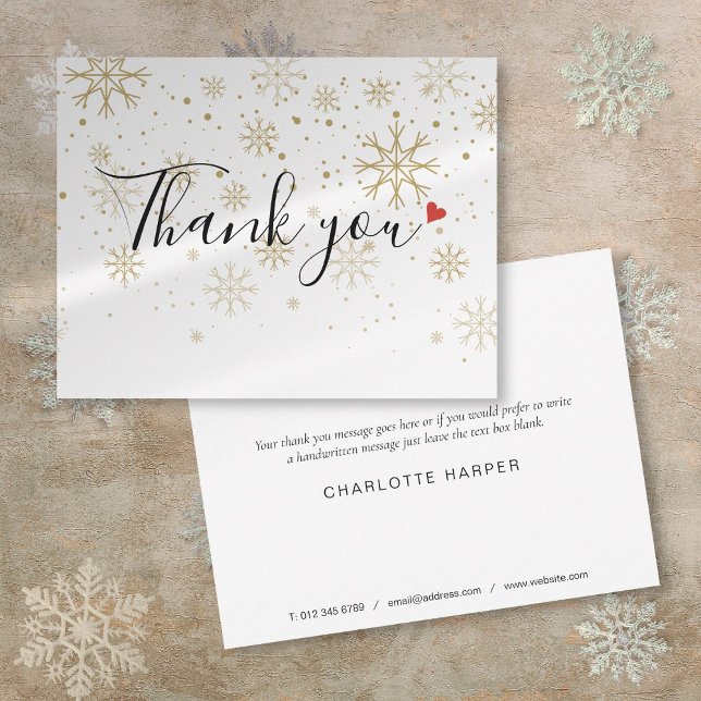 Christmas Gold Snowflakes Elegant Script Business Thank You Card (Christmas Gold Snowflakes Elegant Script Business Thank You Card)