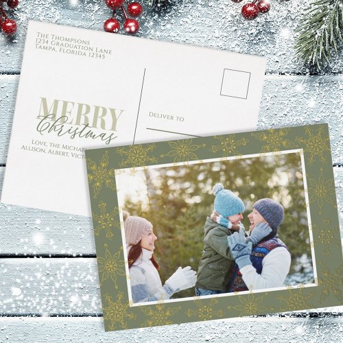 Christmas Gold Snowflakes Elegant Winter Green Foil Holiday Postcard
