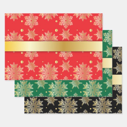 Christmas Gold Snowflakes On RedGreenBlack Wrapping Paper Sheets