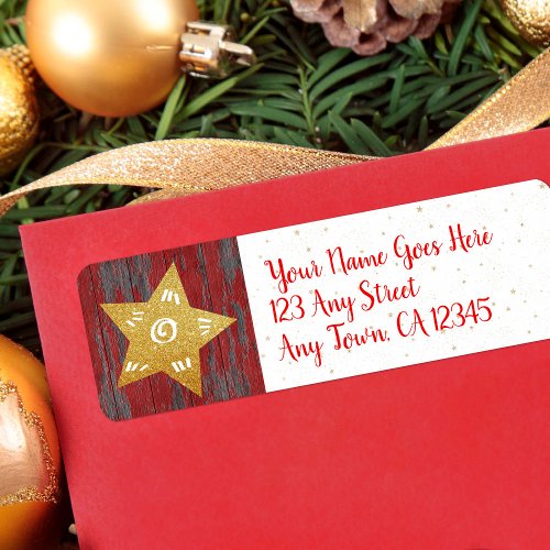 Christmas gold star rustic country red wood script label
