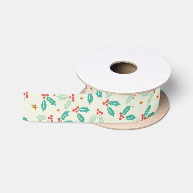 Christmas Gold Stars And Mistletoe Satin Ribbon (Spool)