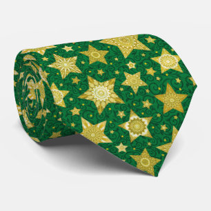 Christmas Gold Stars on Green Damask Pattern Neck Tie