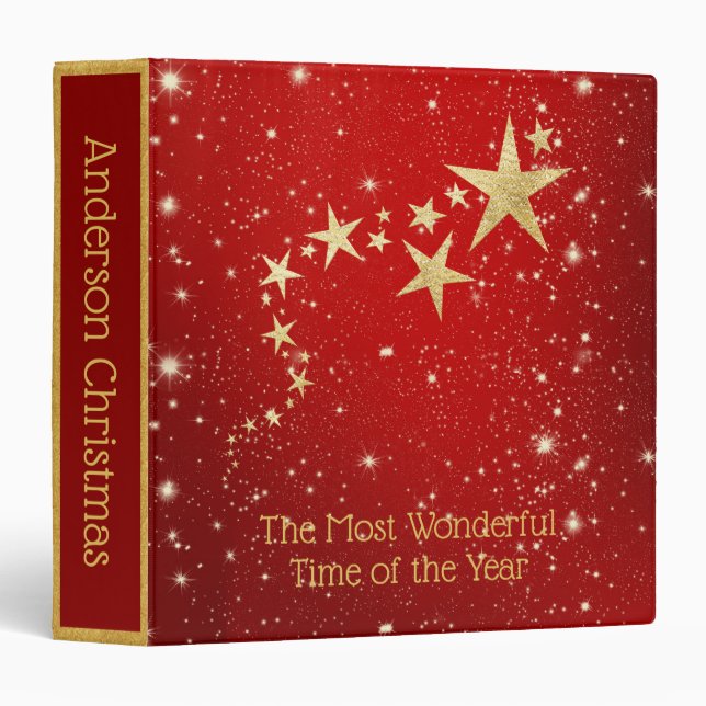 Christmas Gold Stars on Red Custom  3 Ring Binder (Front/Spine)