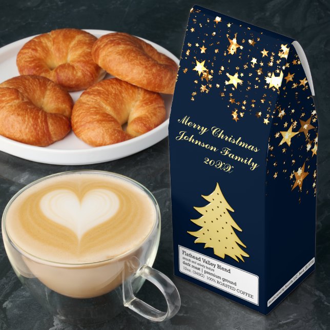 Christmas Gold Stars & Tree Name Year Dark Blue Roasted Coffee (Breakfast)