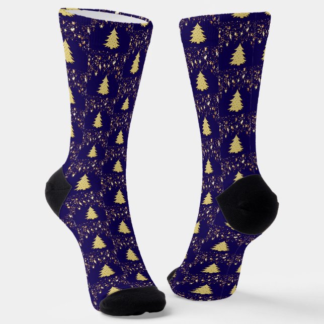 Christmas Gold Stars Trees Dark Blue Unisex Adult Socks (Angled)