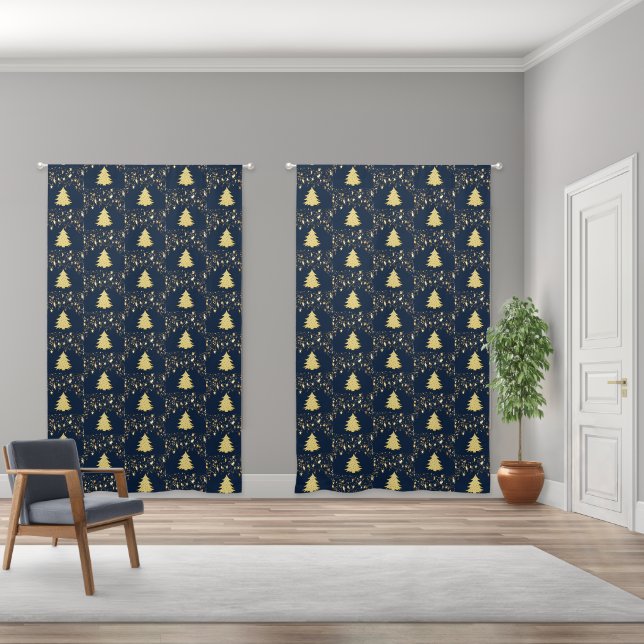 Christmas Gold Stars & Trees Deep Blue Background Blackout Curtains (Wide)
