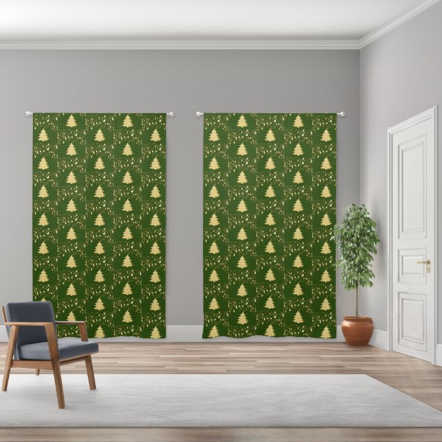 Christmas Gold Stars & Trees Deep Green Background Blackout Curtains (Wide)