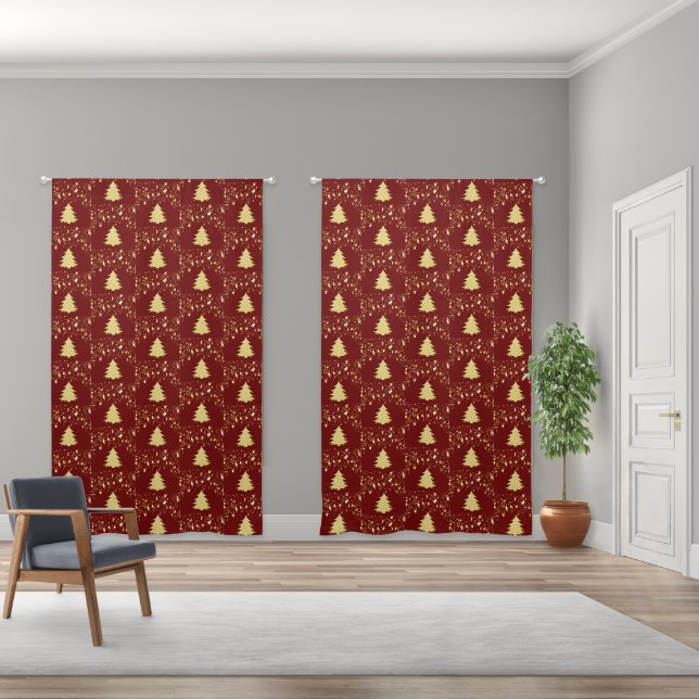 Christmas Gold Stars & Trees Deep Red Background Blackout Curtains (Wide)