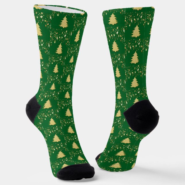 Christmas Gold Stars Trees & Green Unisex Adult Socks (Angled)
