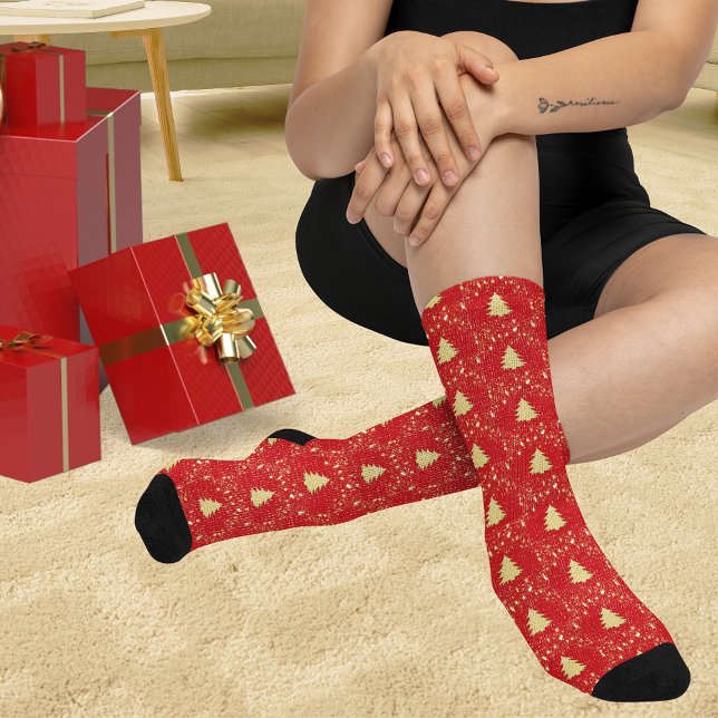 Christmas Gold Stars, Trees & Red Unisex Adult Socks (Christmas Gold Stars, Trees & Red Unisex Adult Socks)